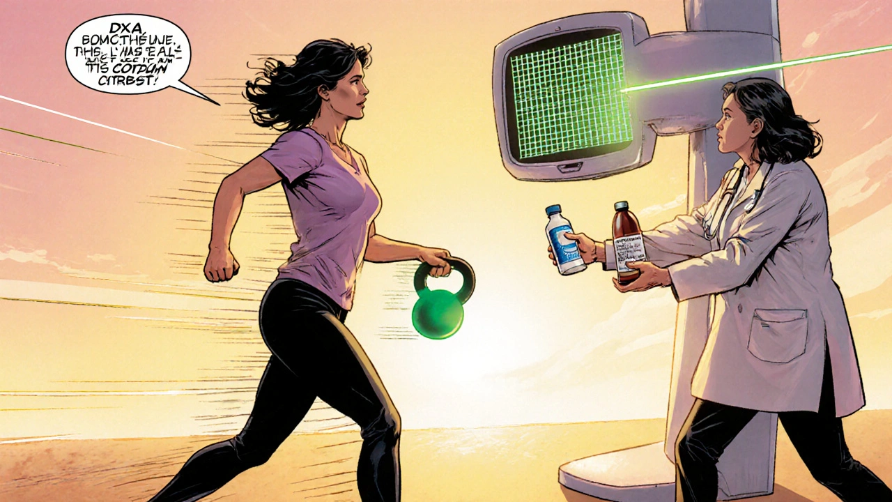 Woman exercising while doctor offers famotidine and calcium citrate, with DXA scanner glowing.