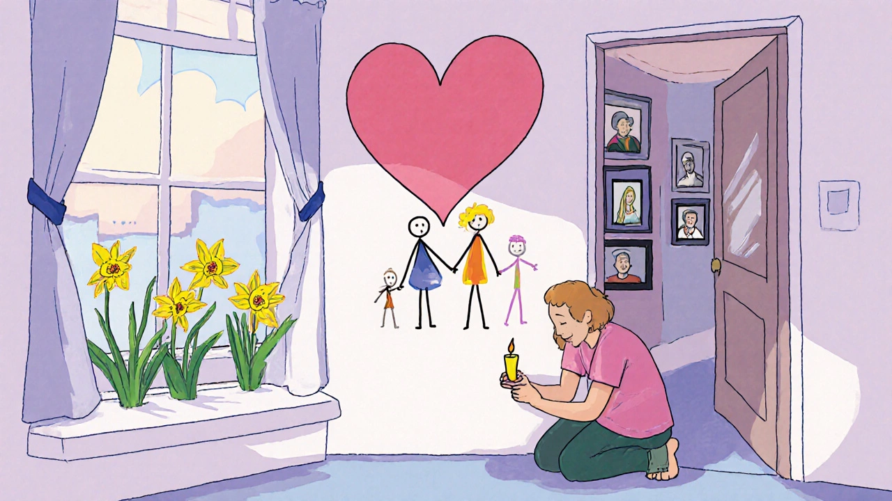 A child drawing a heart on a wall while an adult lights a candle beside blooming daffodils.