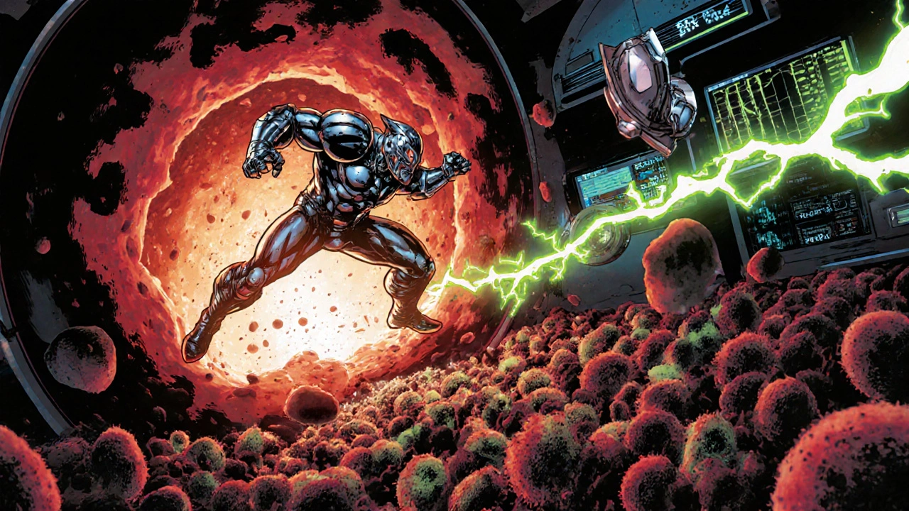 CAR‑T cell warriors and bispecific antibodies battling lymphoma cells in a bloodstream arena.