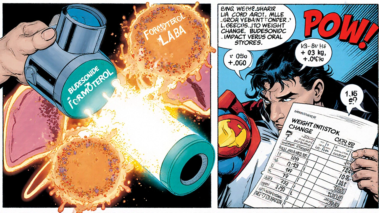 Comic panel showing inhaler particles entering lungs and doctor reviewing weight data.