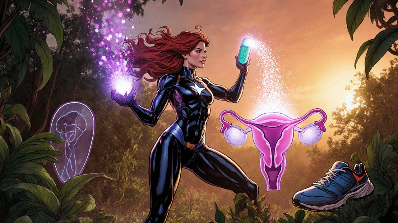Female hero holding a glowing capsule that energizes an ovary and thickens a uterine shield.