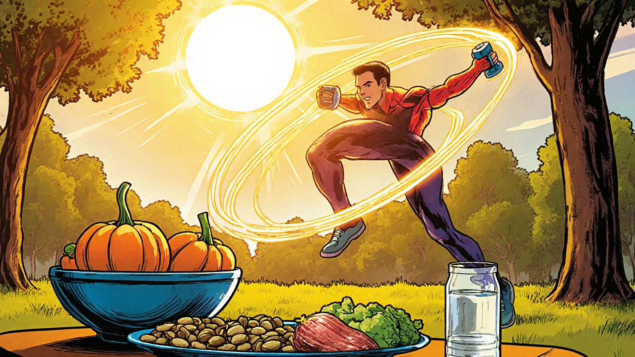 Fitness hero exercising outdoors under sunny rays, with magnesium seeds and vitamin K2 foods nearby.
