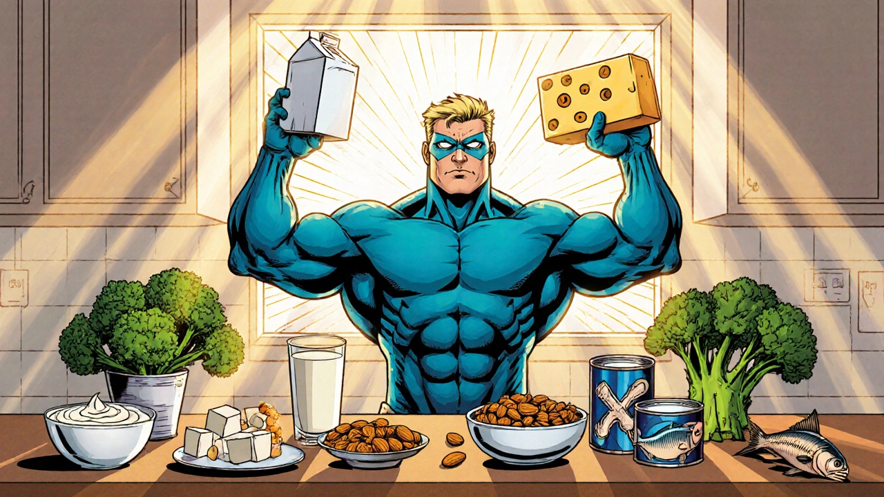 Hero in kitchen holding milk and cheese among tofu, almonds, broccoli, kale, and fortified soy milk.