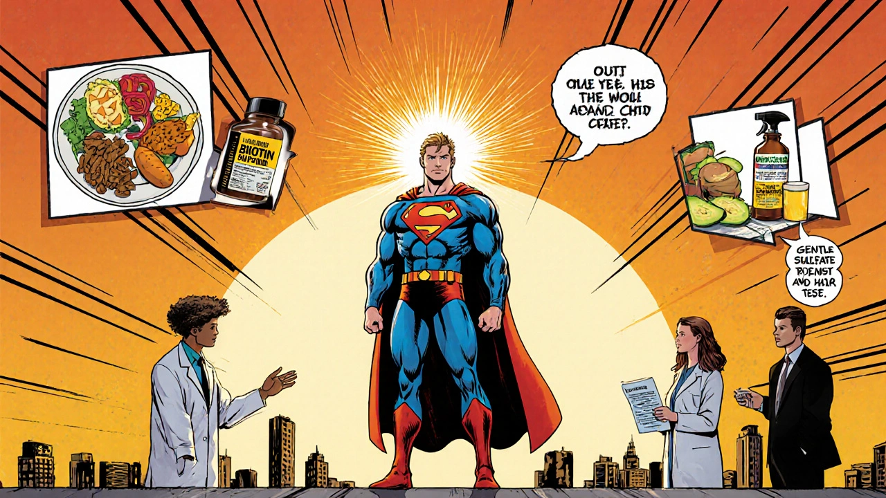Hero on rooftop with regrowing hair, surrounded by diet, biotin, shampoo, and minoxidil icons.