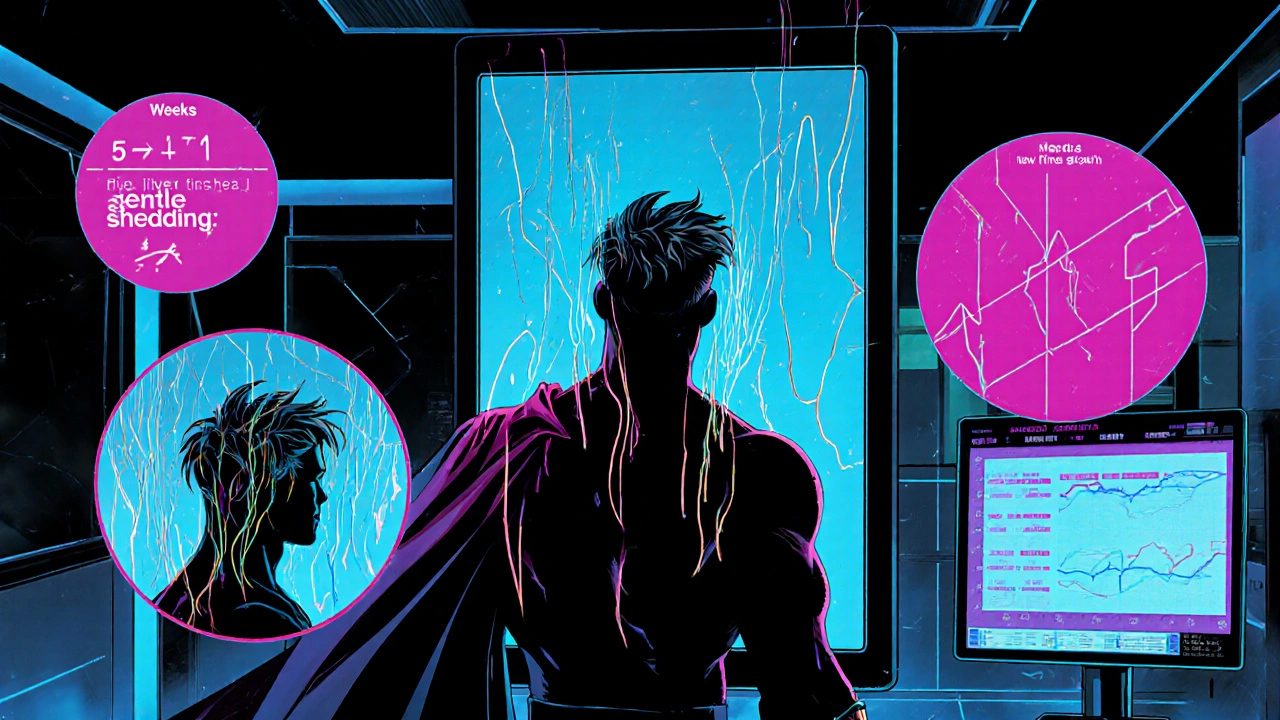 Hero sees hair shedding in mirror with timeline panels showing progression.