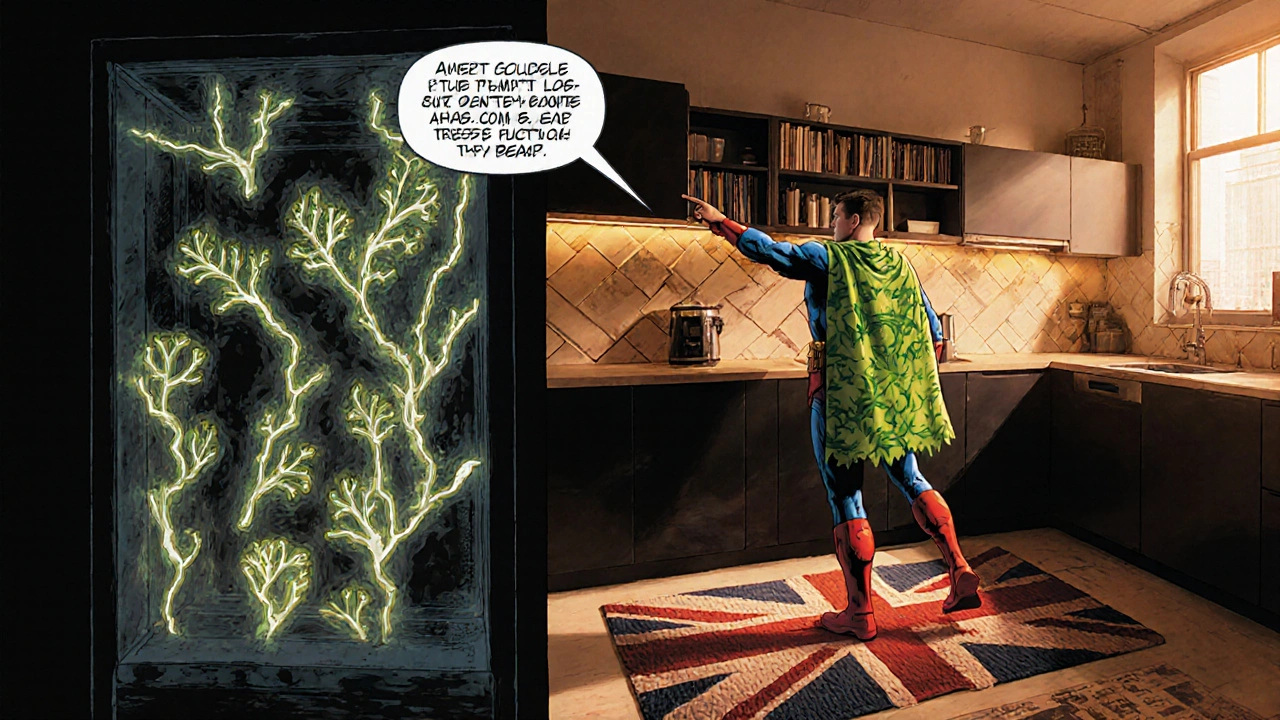Interior with LDF cabinets, superhero pointing, and futuristic mycelium‑infused boards.