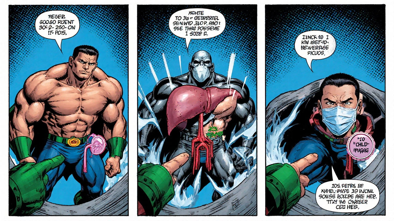 Kidney and liver characters receive reduced Acer doses in comic style.
