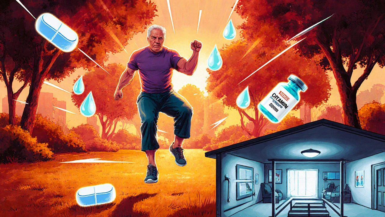 Marvel‑style active person exercising, surrounded by calcium, vitamin D and medication symbols.