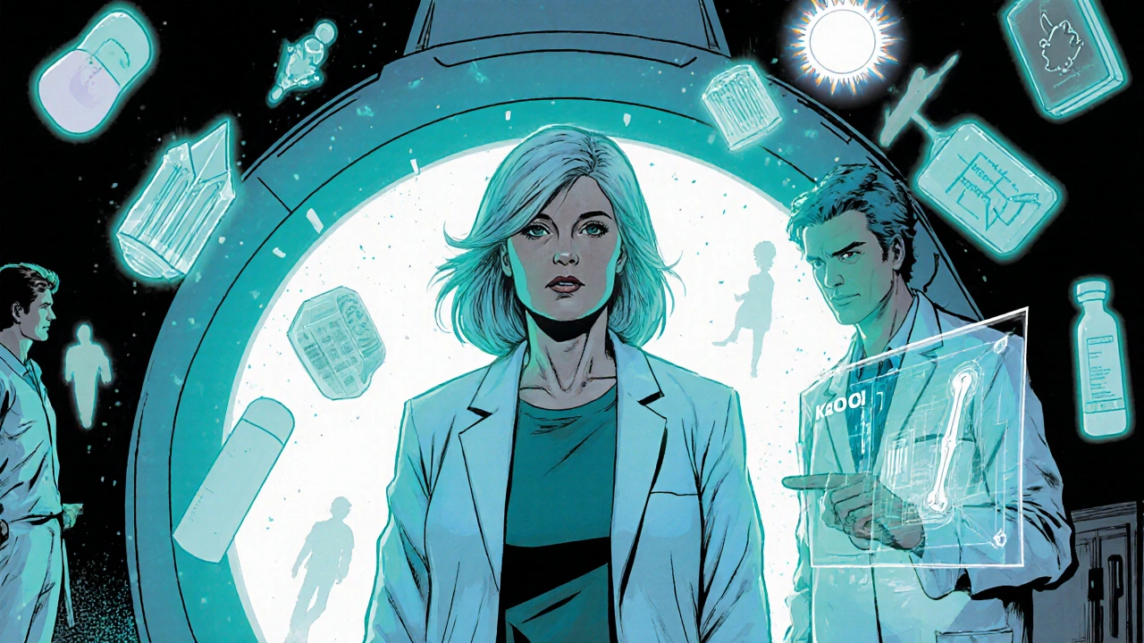 Marvel‑style clinic scene with a DXA scan, hormone and calcium icons, and at‑risk silhouettes.
