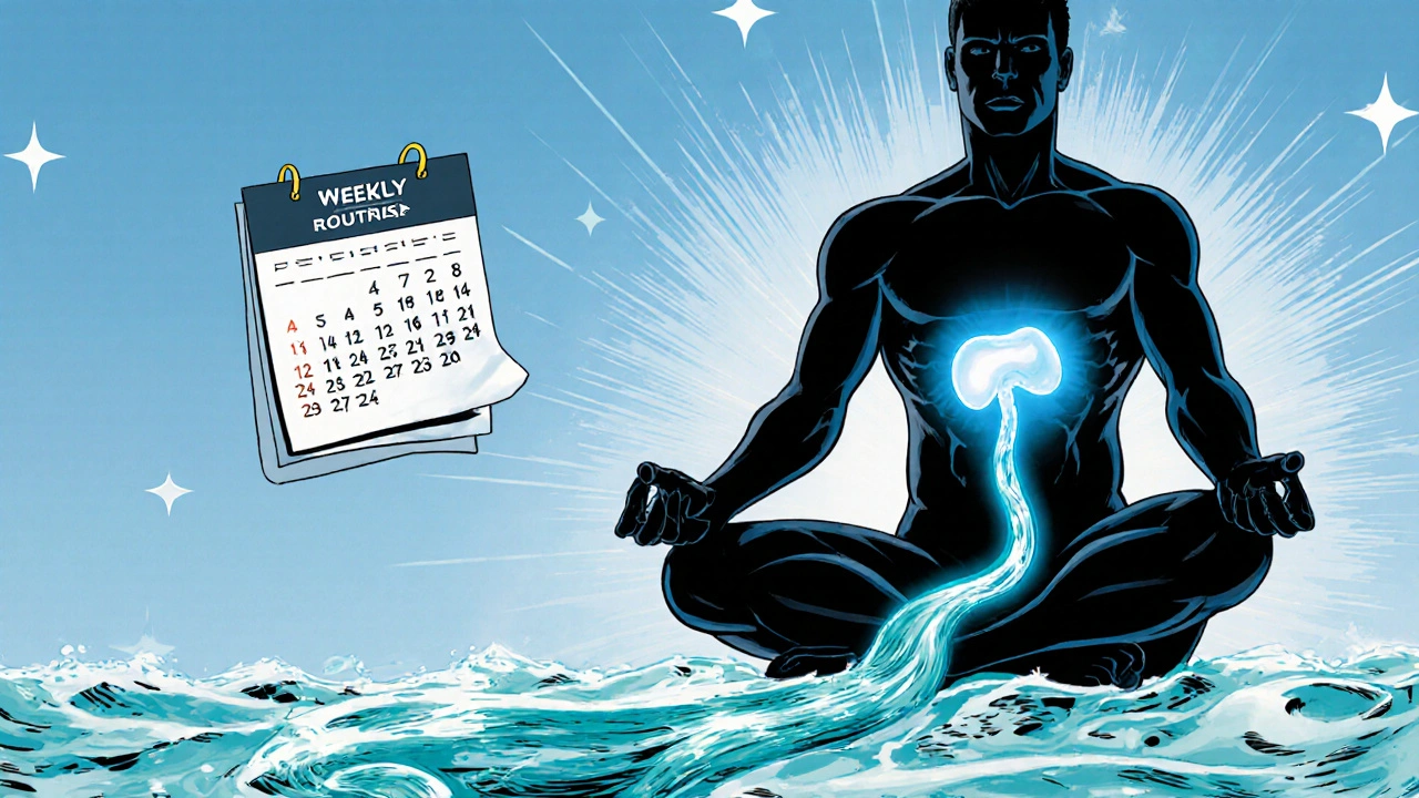 Meditating figure with luminous aura and flowing water visualizing bladder function.