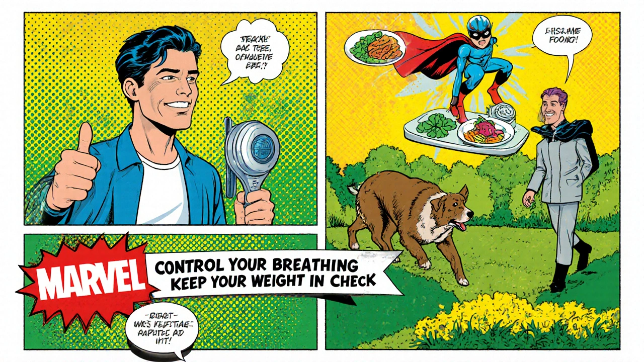 Patient using spacer, weighing, eating healthy, walking, guided by superhero doctor.