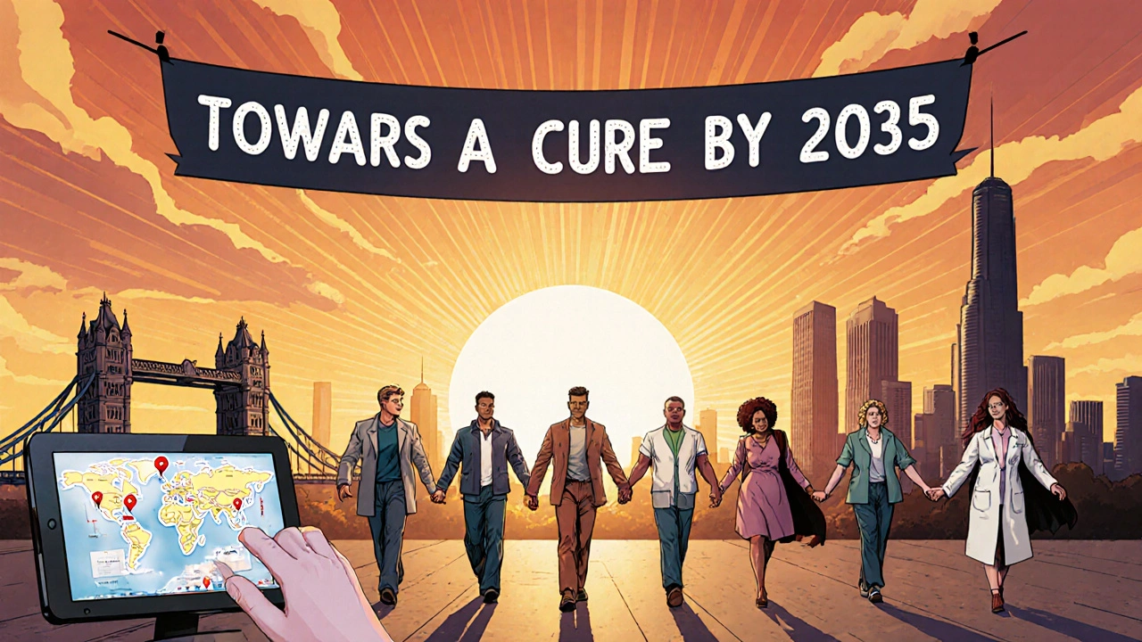 Patients and researchers walking toward a sunrise cityscape, banner promising a cure.