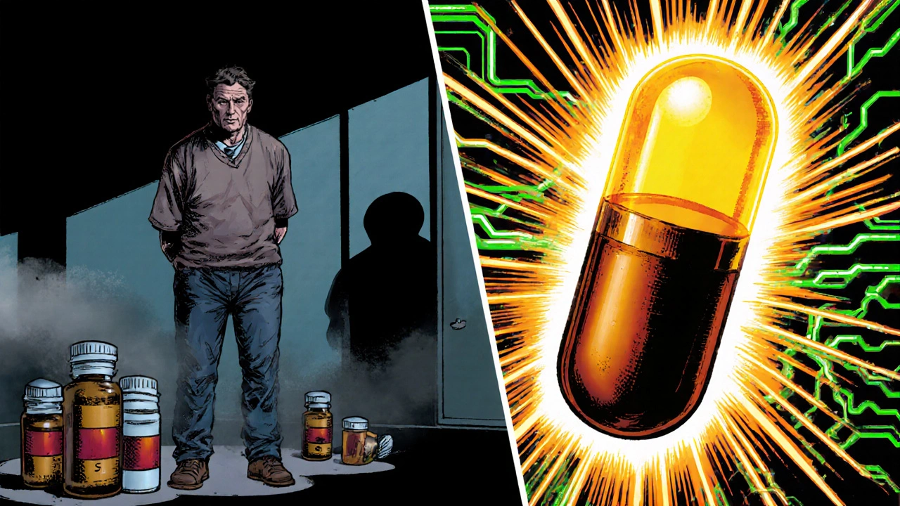 Split panel comparing traditional SSRIs with a patient feeling dull to Amlo Wolff giving bright hope and faster relief.