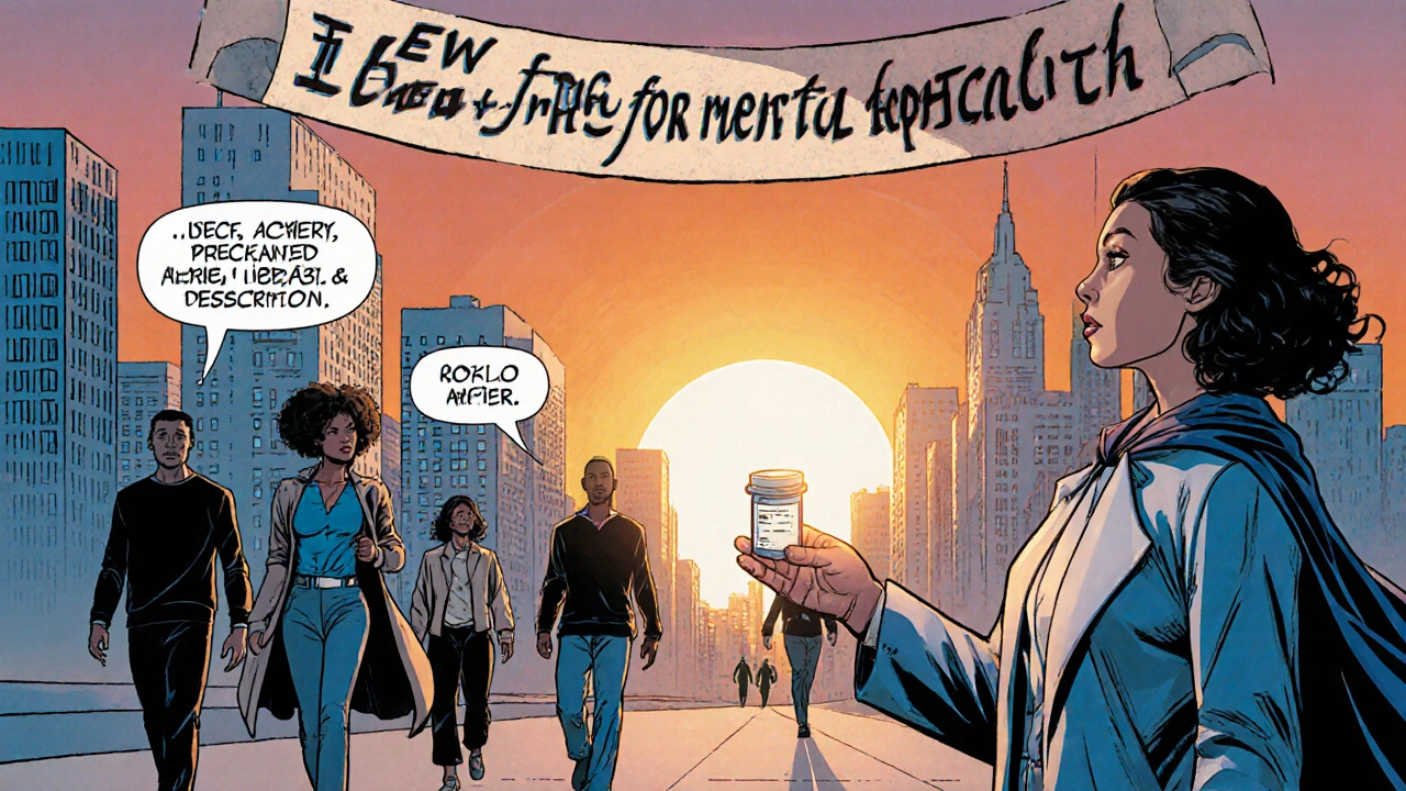 Sunrise city scene with diverse people, a clinician giving an Amlo Wolff pill, symbolizing mental health optimism.