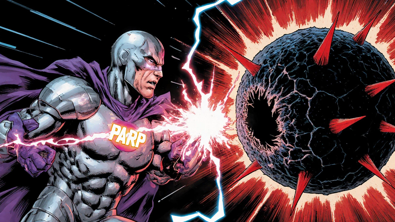 Superhero figure representing a PARP inhibitor blasting a cancer cell's DNA repair machinery.