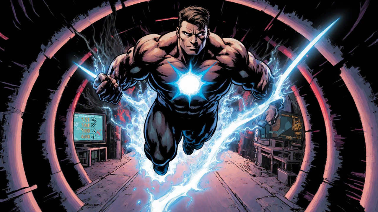 Superhero sperm with a blue Alfacalcidol emblem racing through a futuristic tubule tunnel.