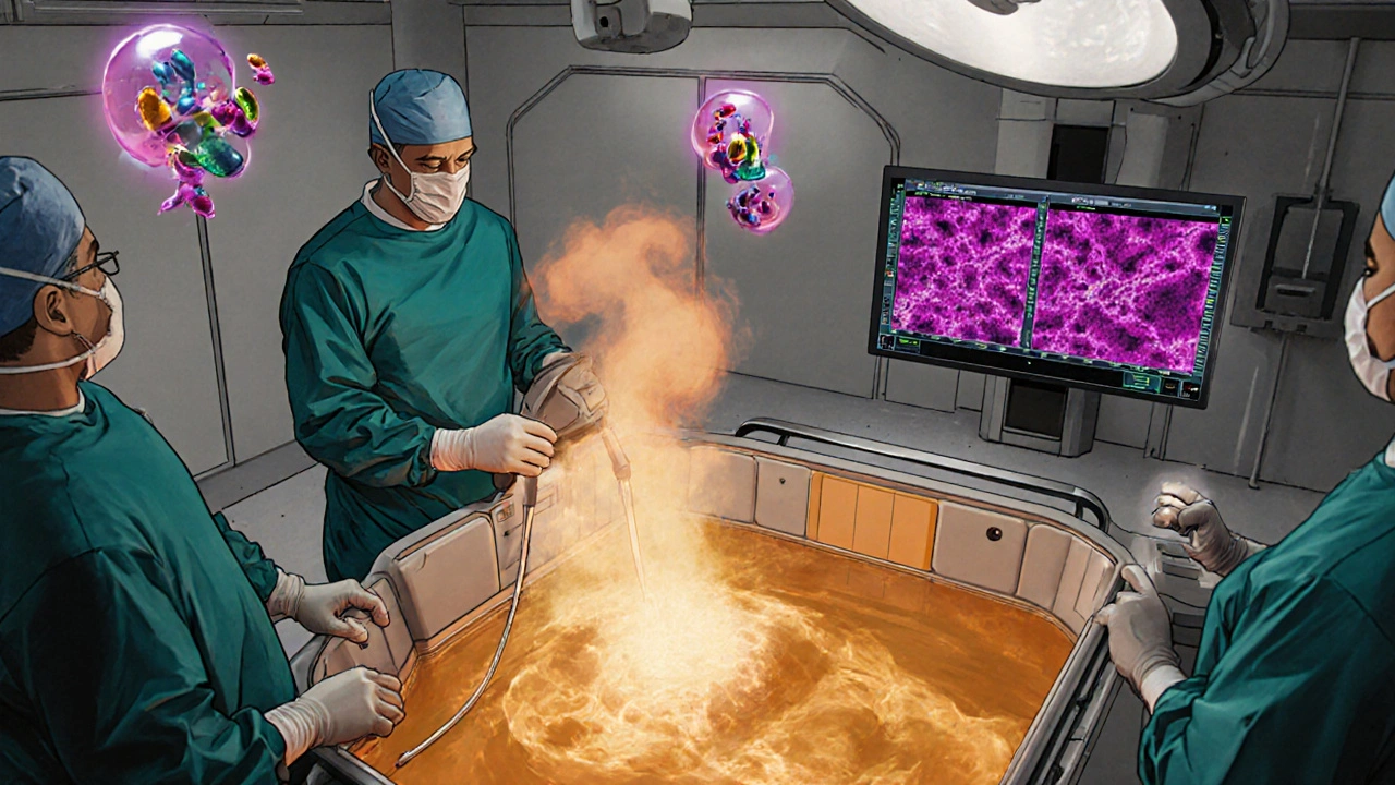 Surgeon applying heated chemotherapy during HIPEC, surrounded by AI holograms and vaccine symbols.
