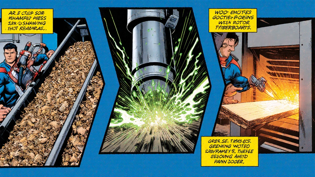 Three comic panels showing fiber sorting, hammer milling, and low‑pressure pressing of LDF.