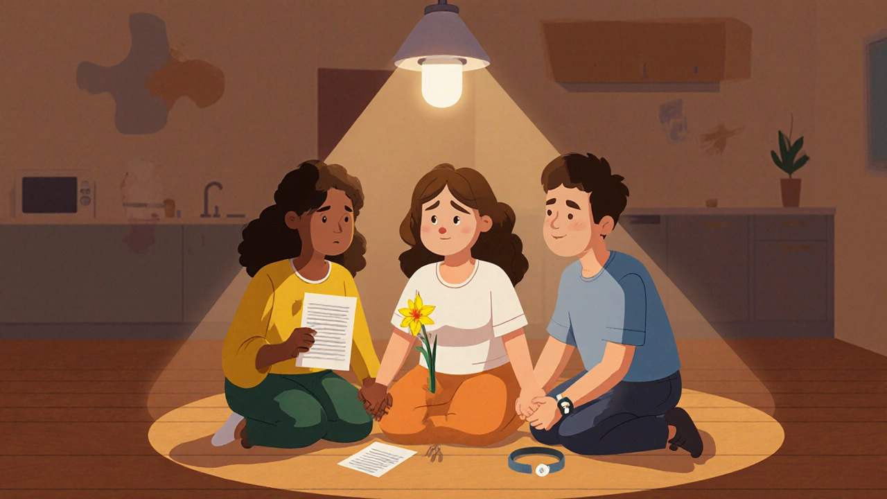 Three people in a circle holding hands, sharing grief with a daffodil, letter, and hospital bracelet.