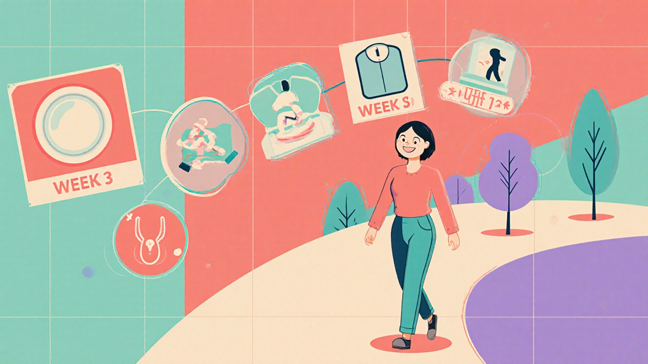 12‑week timeline with diet, walking, weight loss icons and a happy person walking farther.