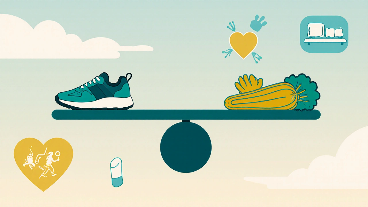 A balanced scale showing aspirin alongside lifestyle elements like a shoe and vegetable in UPA cartoon style.