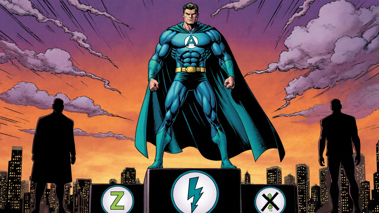 Airol depicted as a teal‑capped superhero facing rival antihistamine characters in a city skyline.