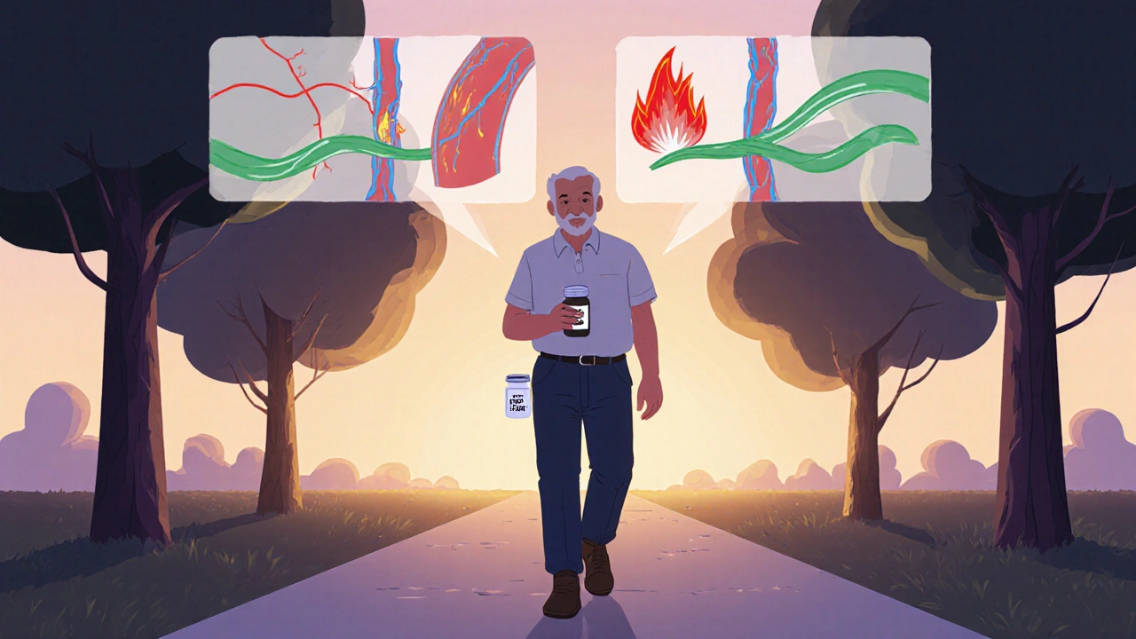 An elderly man walking as his arteries become more flexible, illustrated in UPA cartoon style with abstract health symbols.
