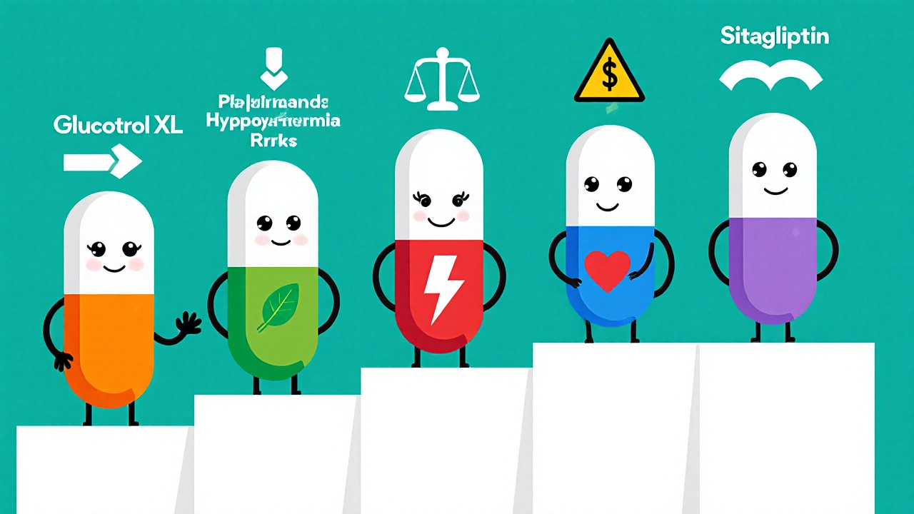 Animated pill characters representing diabetes drugs with icons for efficacy, weight, risk, and cost.