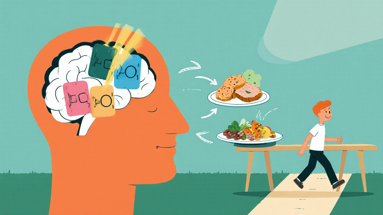 Cartoon brain with blocked receptors, cravings for sweets, and protein‑rich meal with walking figure.