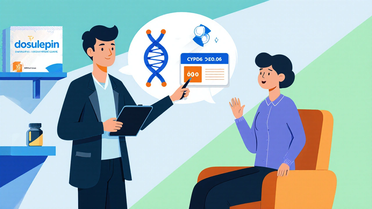 Cartoon clinic showing doctor, patient, DNA helix, and CYP2D6 test for dosulepin.