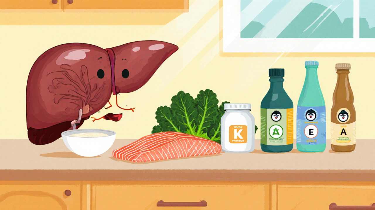 Cartoon liver examines salmon, kale, dairy, MCT oil, and vitamin supplement bottles on a kitchen counter.