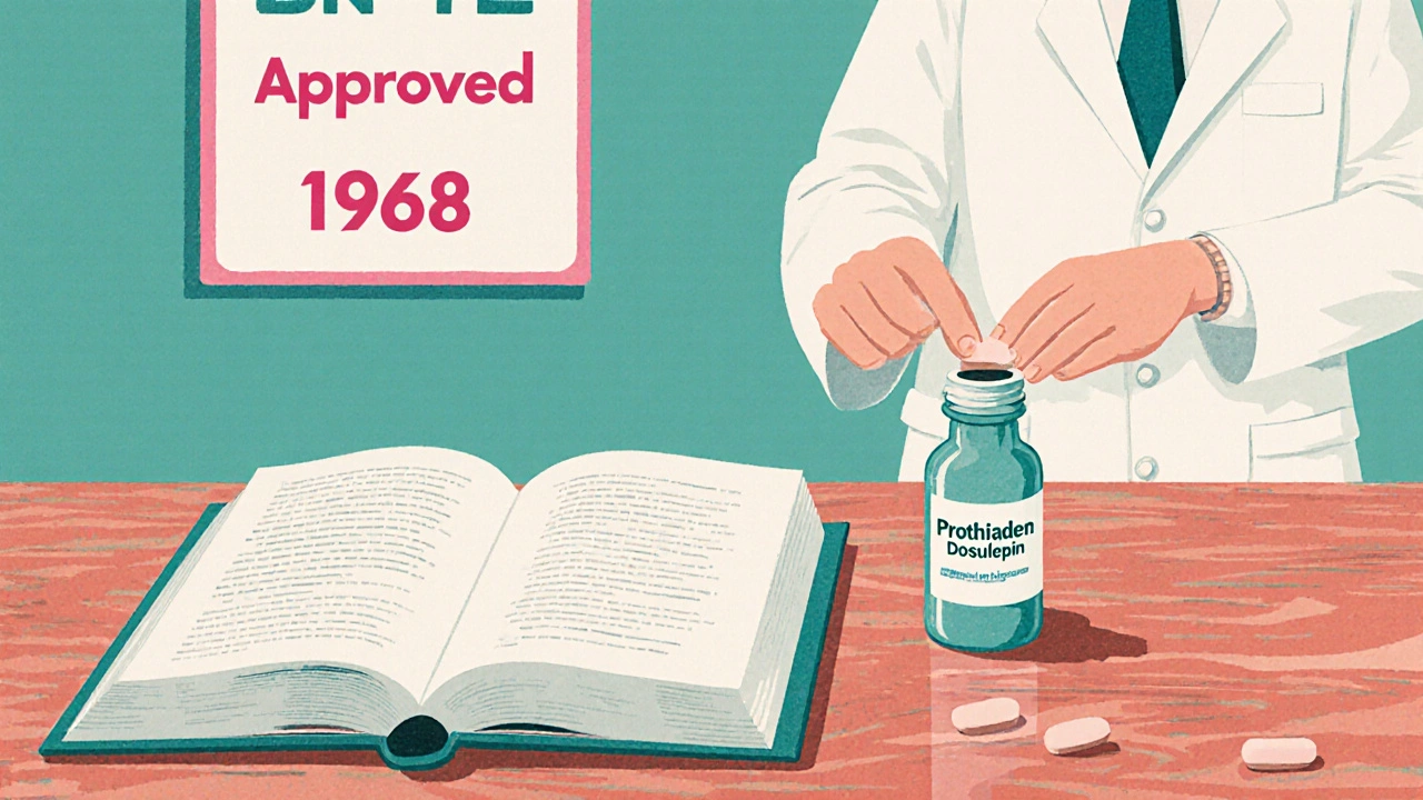 Cartoon pharmacy counter with Prothiaden bottle and open 1970s BNF book.