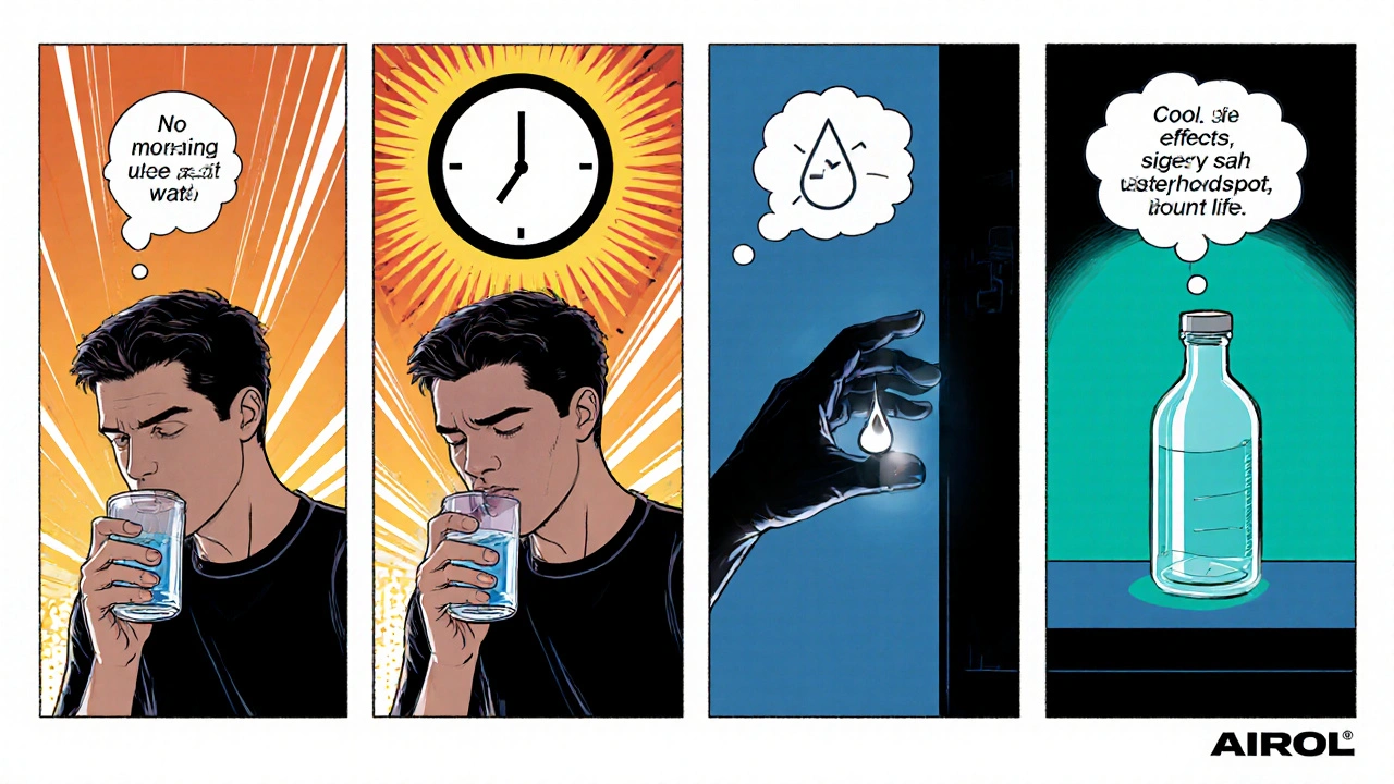 Comic panel shows person swallowing Airol, timing morning dose, storing bottle, and mild side‑effects.