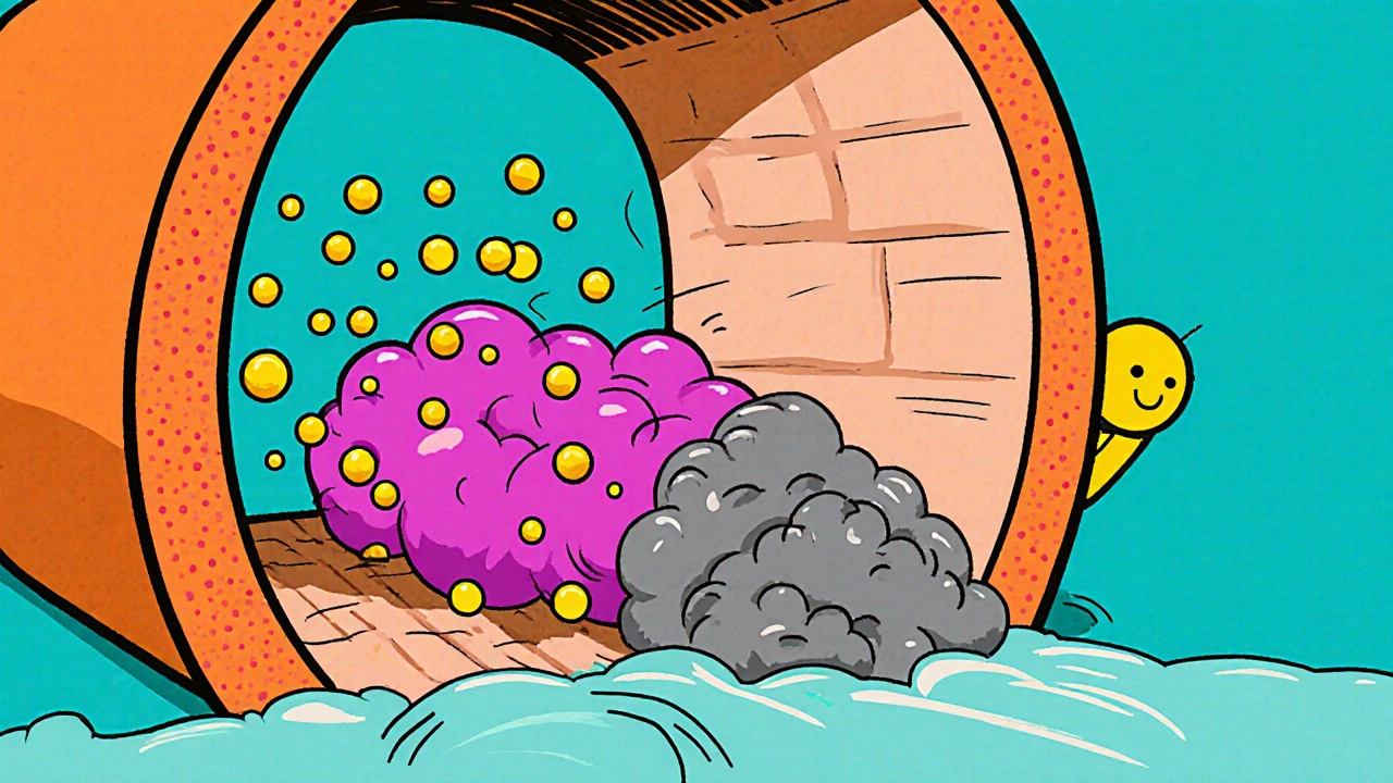 Cross‑section cartoon of intestine where cholestyramine traps bile acids before reaching the colon.