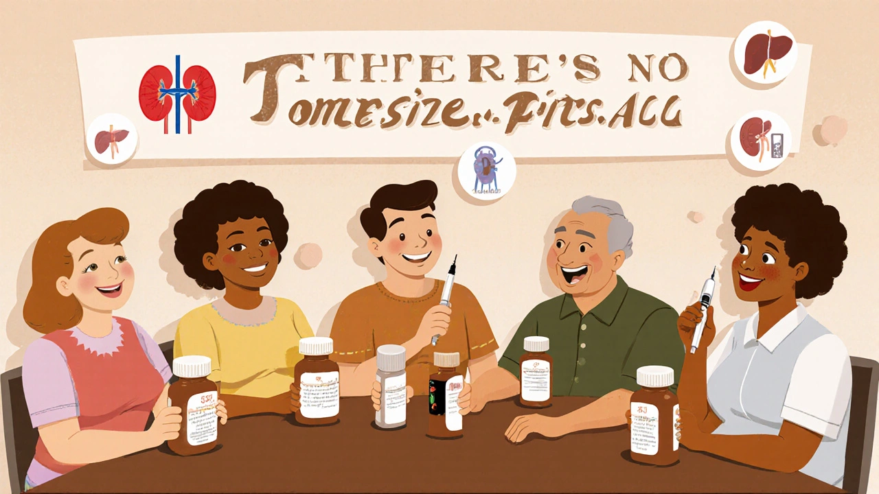 Diverse group of people at a table with diabetes medications and injection pen, smiling together.