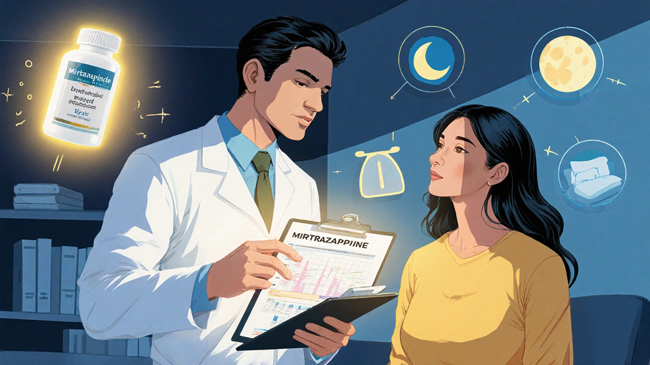 Doctor discusses improved IBS symptoms with patient, showing Mirtazapine bottle and symptom chart.