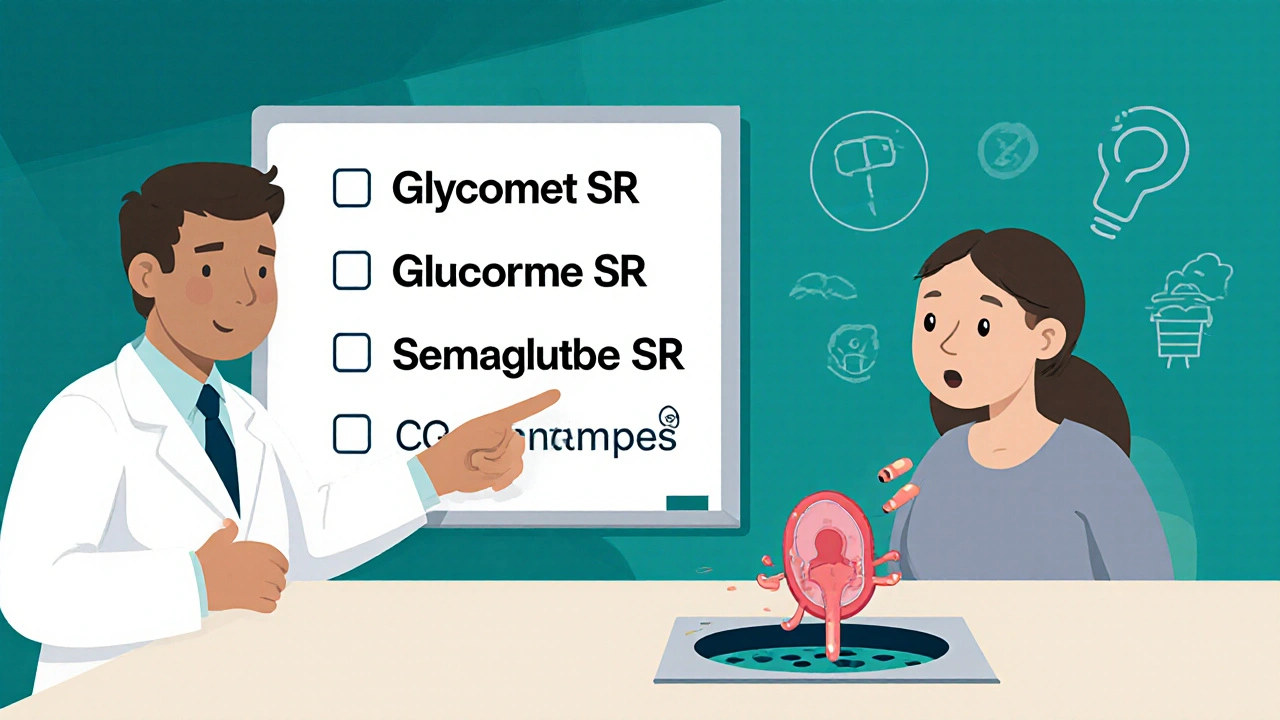 Doctor explaining diabetes treatment options on a whiteboard with glucose molecule entering a kidney drain.