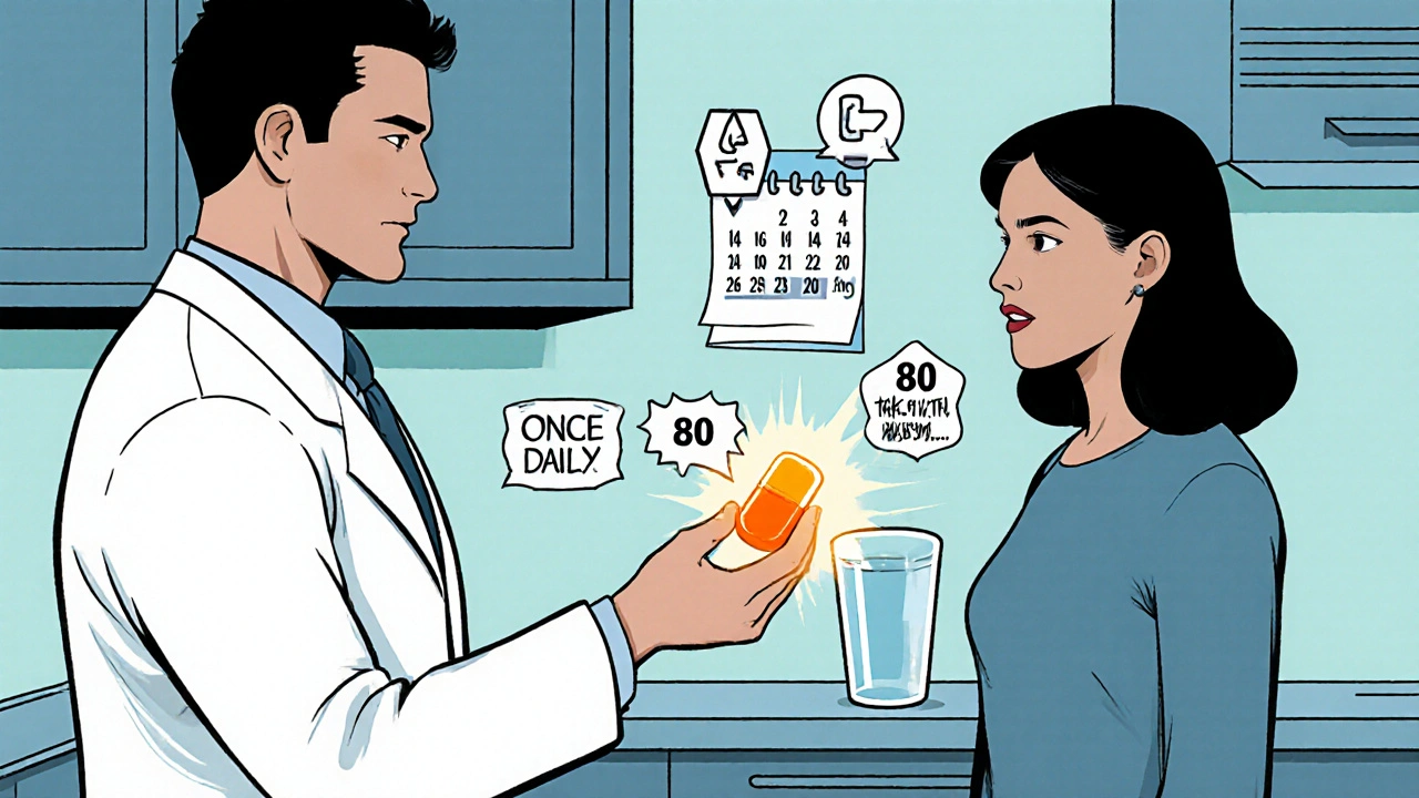 Doctor hands an orange Telmisartan tablet to a patient with dosage icons and water glass.