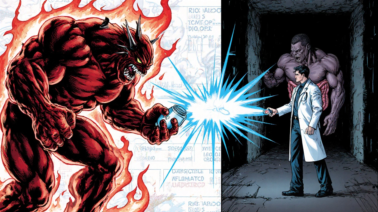 Doctor hero uses Alib tablet to shrink inflammation monsters for arthritis and colitis.