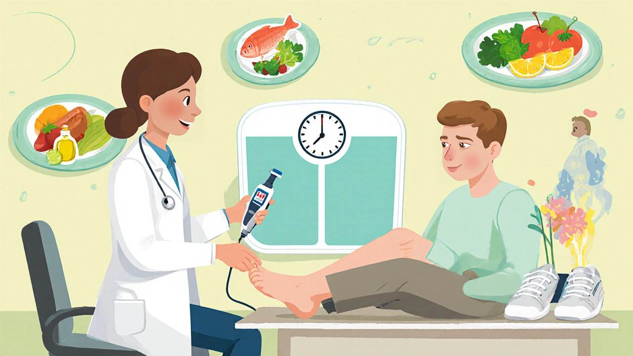 Doctor measuring ankle‑brachial index and BMI beside Mediterranean food plates and walking shoes.