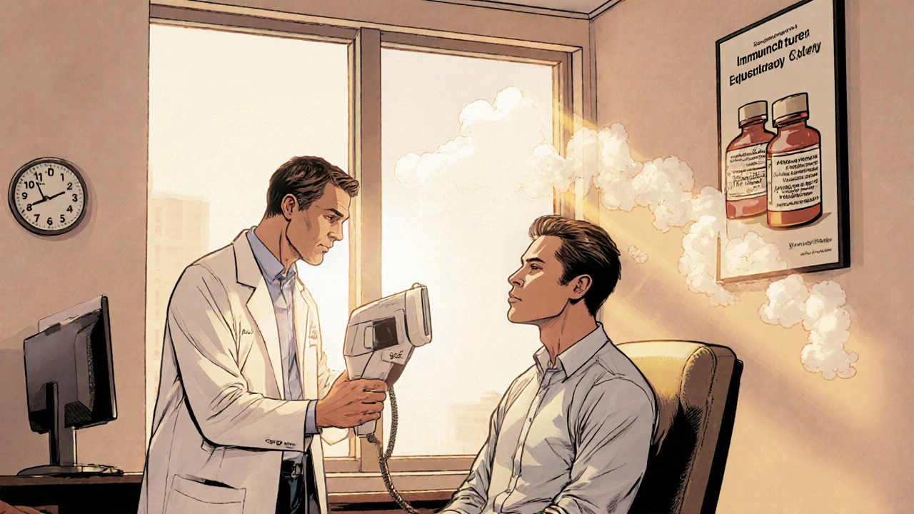 Doctor showing allergy test to patient, calm atmosphere with disappearing histamine clouds.