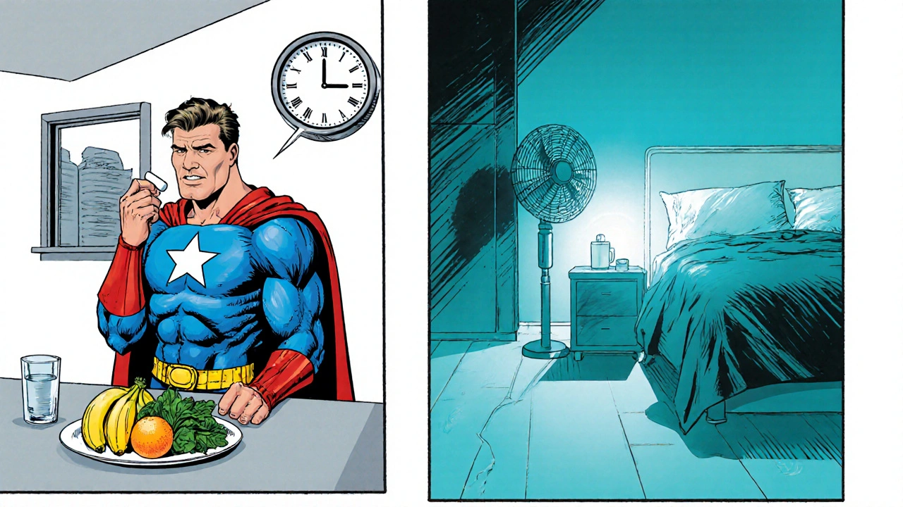 Hero taking morning pill, eating potassium‑rich foods, cool bedroom for better sleep.