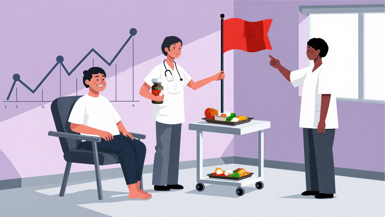 Hospital scene with recovering patient, nurse, doctor holding red warning flag, and balanced meal.
