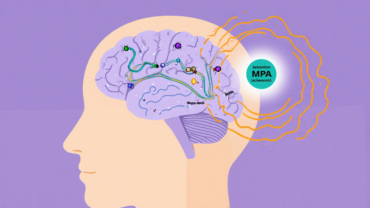 Illustrated brain showing hormone MPA affecting neurotransmitter pathways.