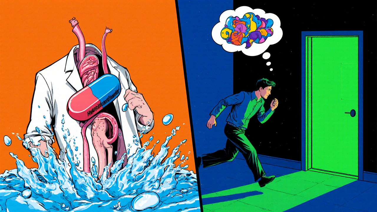 Kidney blocking sodium, person rushing to bathroom with leg cramp, vivid dream bubble.