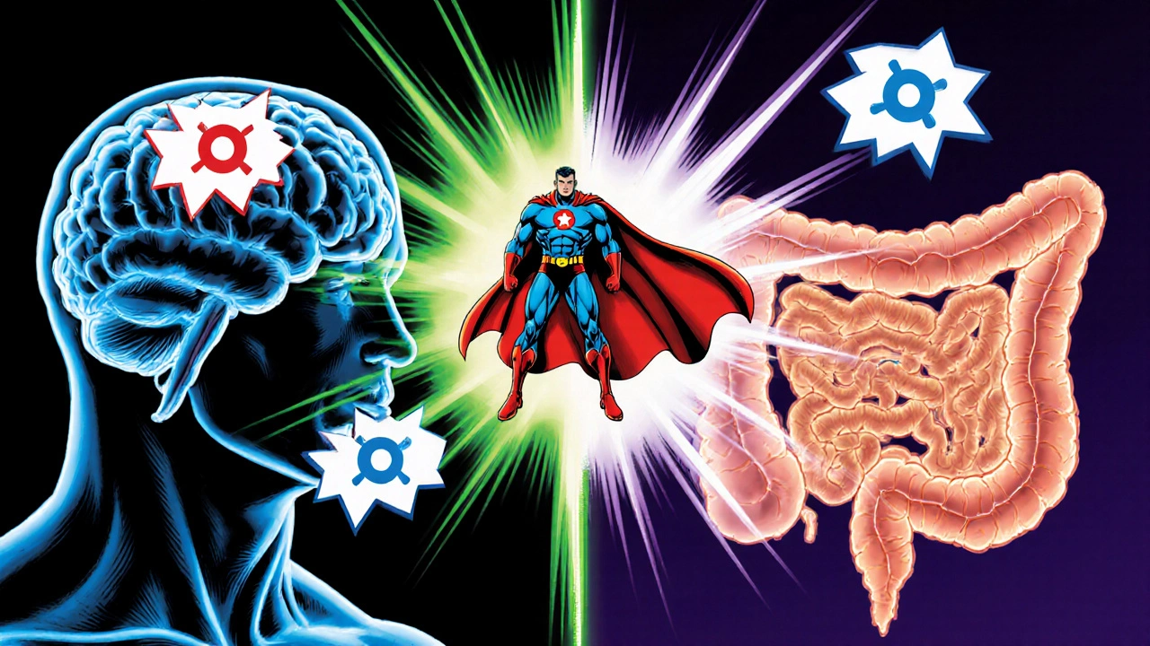 Mirtazapine hero blocks pain receptors in brain and gut, calming smooth muscle with energy blasts.