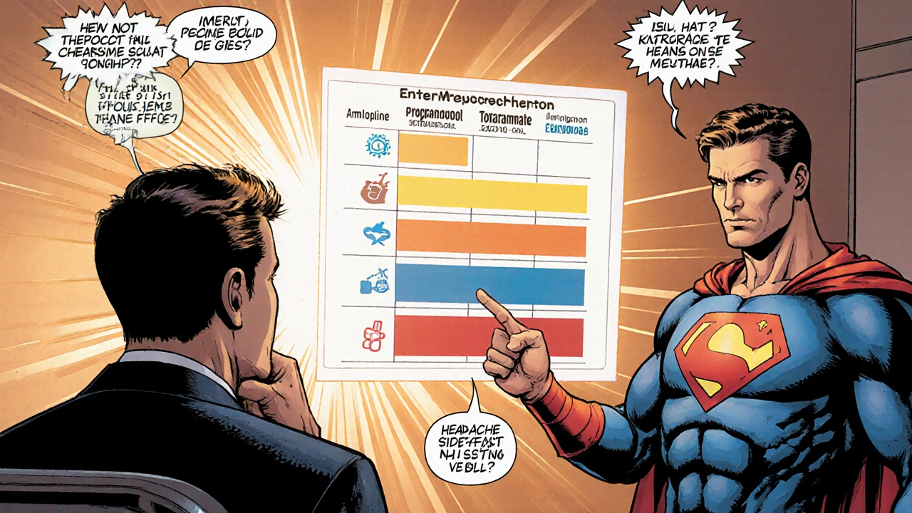 Patient and doctor‑hero reviewing a holographic chart comparing migraine preventives.