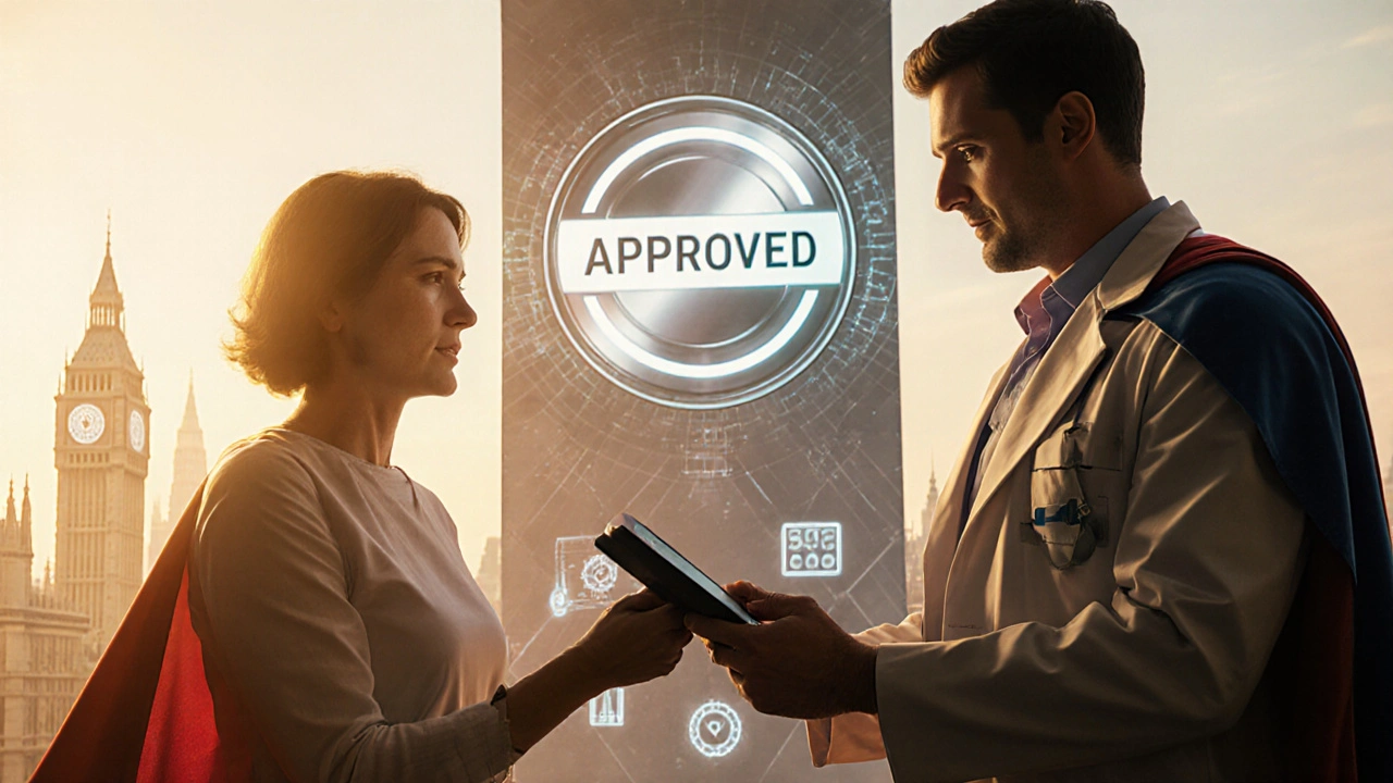 Patient receives Alib pill from physician under a glowing approval badge, hopeful scene.