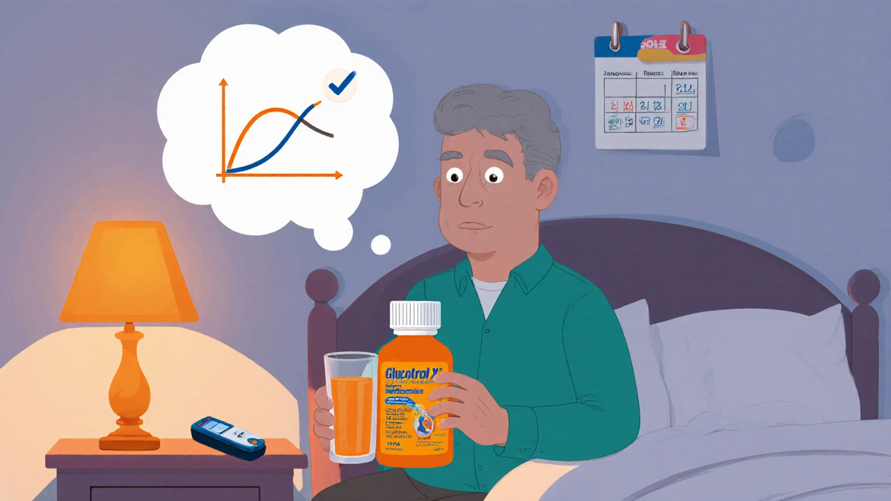 Person at night checking glucose with Glucotrol XL bottle, juice, and calendar reminder.