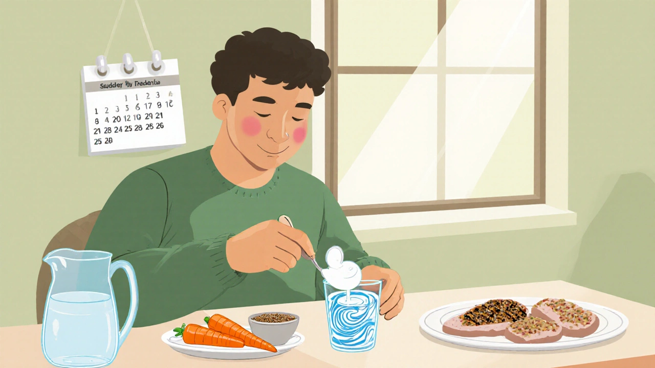 Person mixing cholestyramine paste with water beside a low‑FODMAP meal in a cozy kitchen.